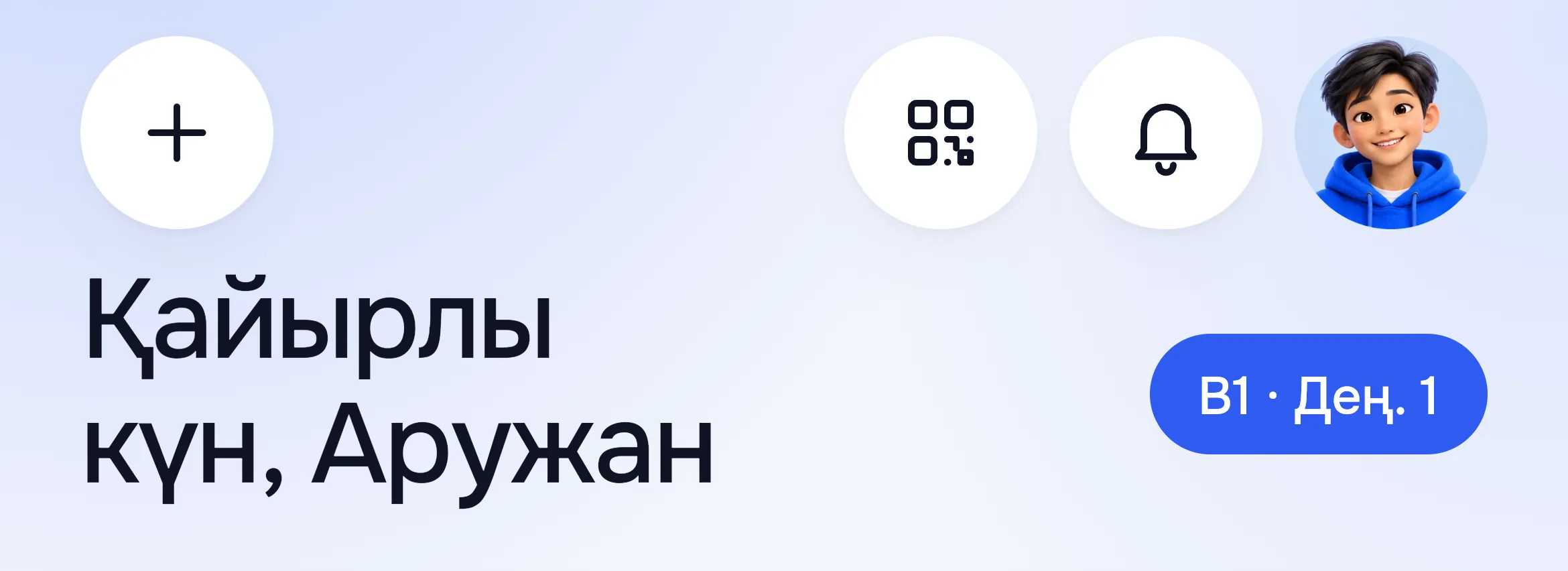 Басты беттің жоғарысы: плюс, QR, қоңырау және аватар