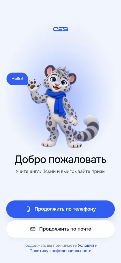 Первый экран: кнопки Продолжить по телефону и Продолжить по почте, ссылки на Условия и Политику конфиденциальности